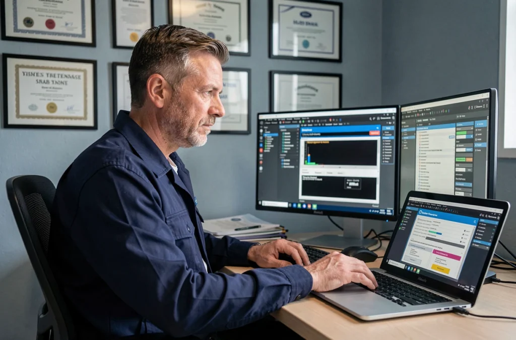 Technicien d'Armor Micro analysant des diagnostics logiciels sur ses écrans dans son bureau de maintenance informatique à Dinan