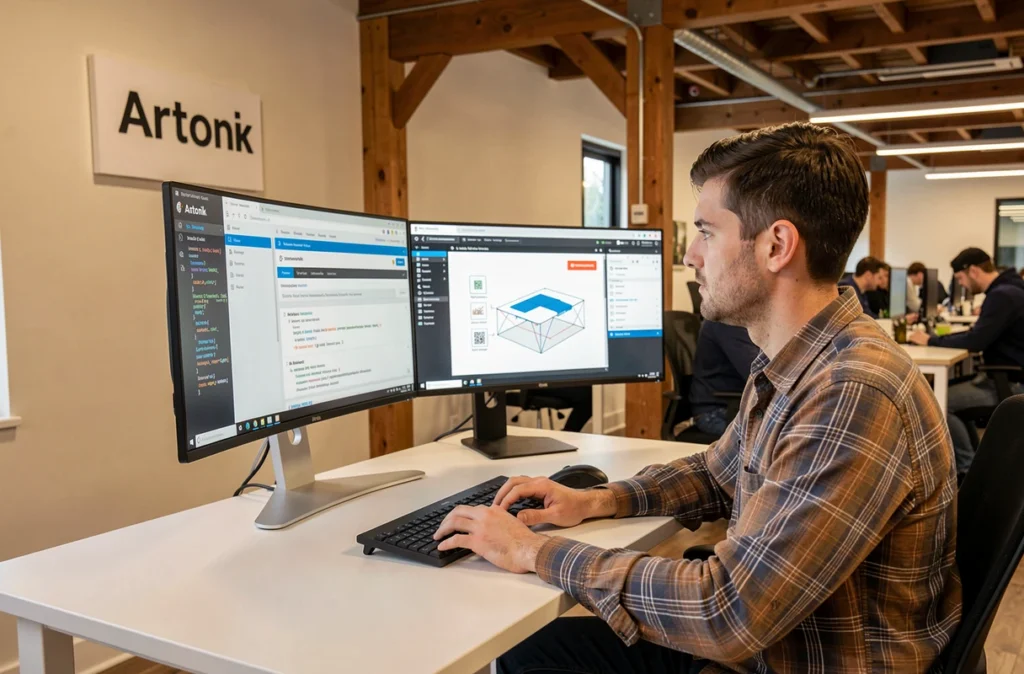 Développeur web en sécurité chez Artonik réalisant un audit de sécurité d'une application web dans un espace d'agence digitale moderne