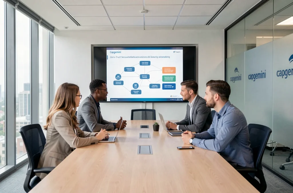Équipe de consultants Capgemini analysant une architecture de sécurité zéro confiance lors d'une réunion stratégique en salle de conférence
