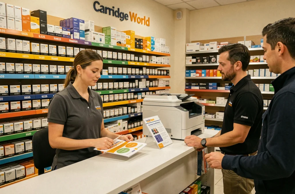 Boutique Cartridge World Tours avec employée conseillant un client sur la compatibilité des cartouches d'encre et toner