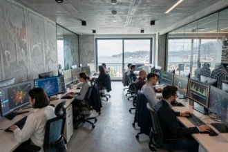 Vue panoramique d'un centre opérationnel de cybersécurité dans les Bouches-du-Rhône avec des analystes travaillant sur des tableaux de bord de sécurité réseau