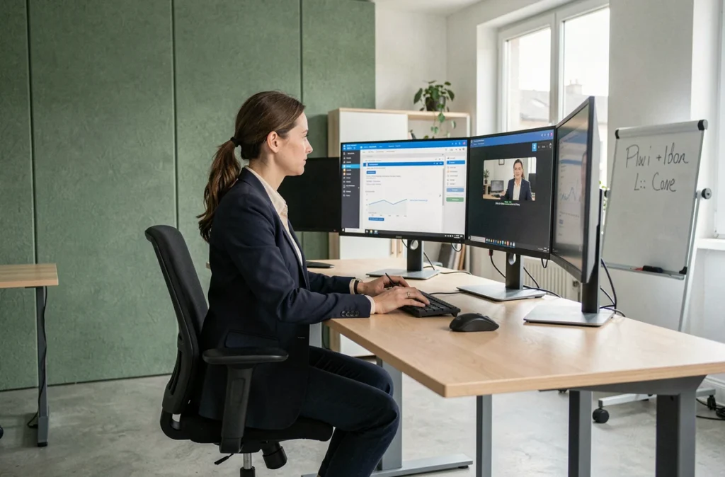 Professionnelle de Clem@'tique assistant un client lors d'une session de support à distance sur poste de travail double écran