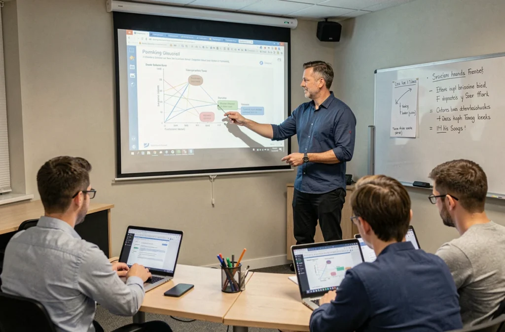 Formateur de Côtes d'Armor Informatique animant une session de formation numérique pour des adultes dans une salle dédiée