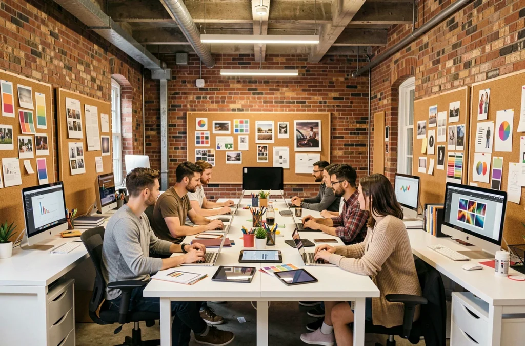 Studio créatif CréAddictive avec designers et développeurs web travaillant sur des projets numériques dans un espace collaboratif inspirant