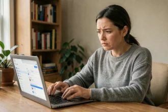 Femme consultant Google Mon Activité sur un ordinateur portable dans un bureau à domicile pour effacer ses traces en ligne