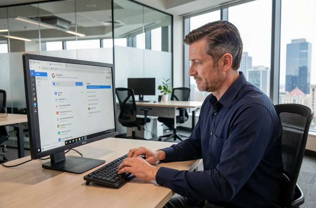 Homme gérant la confidentialité de son compte Google dans un bureau moderne pour supprimer son historique d'activité