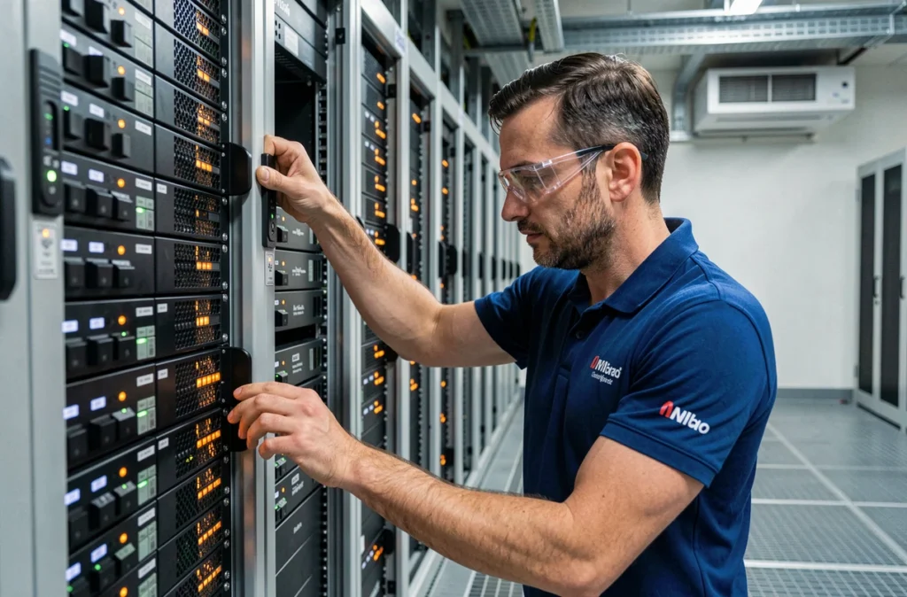 Technicien de Hub Infogérance Marseille installant des serveurs dans une salle de datacenter professionnelle