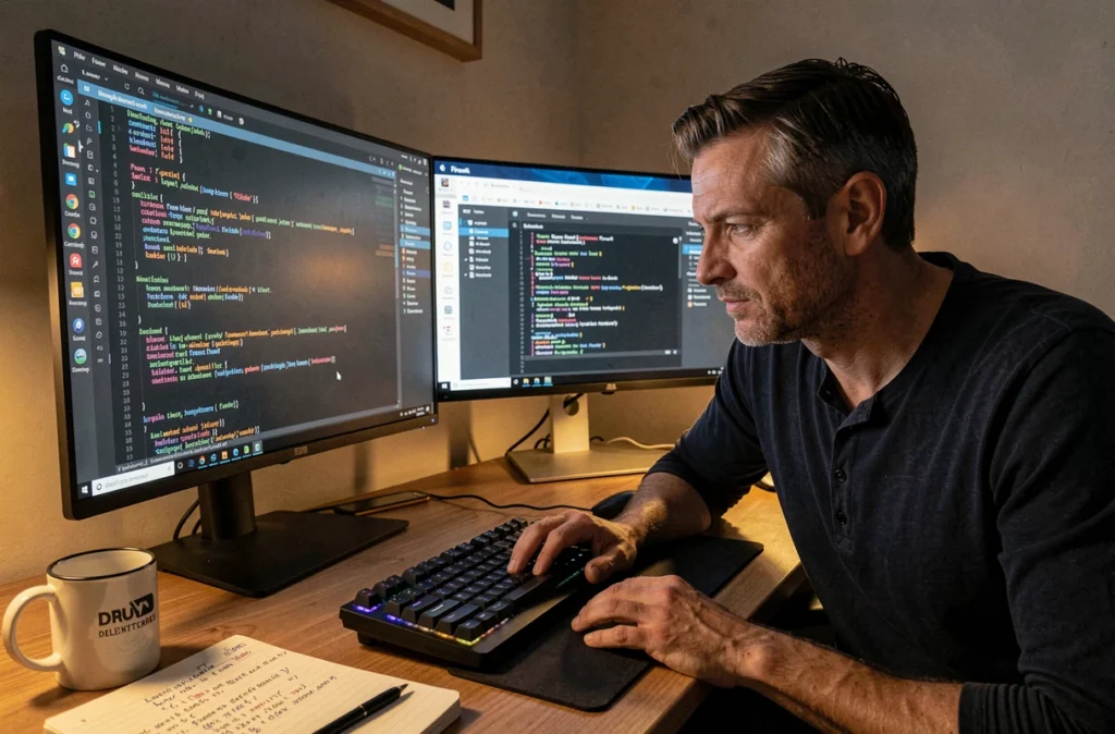Développeur logiciel d'ID Soft travaillant sur une session de codage sur écran ultrawide avec interface de base de données