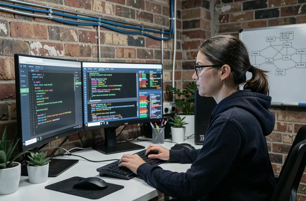 Ingénieure en cybersécurité d'iD2i travaillant sur un outil d'évaluation des vulnérabilités dans un studio technologique organisé