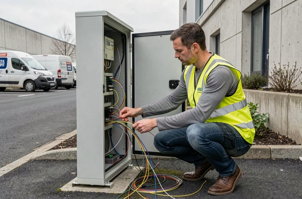 Technicien terrain d'I-D-P Informatique raccordant des câbles fibre optique sur un coffret télécom en zone d'activité du Loiret
