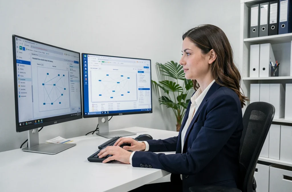 Consultante d'Inetd Consulting analysant des rapports de sécurité informatique sur un poste de travail multi-écrans
