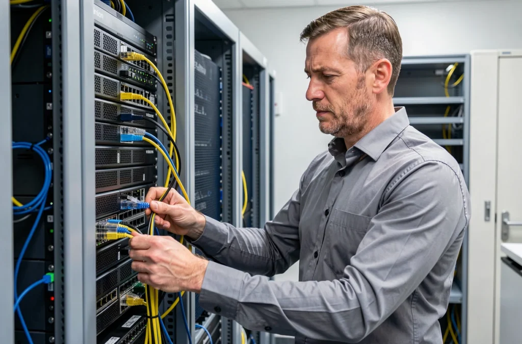 Technicien d'Informatique et Bureautique Service installant un réseau serveur dans une entreprise à Lannion
