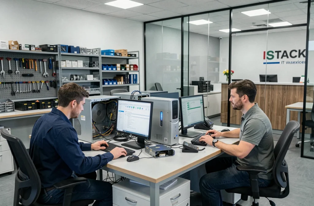Espace de travail professionnel de la société ISTACK avec techniciens réparant des ordinateurs sur un établi bien organisé