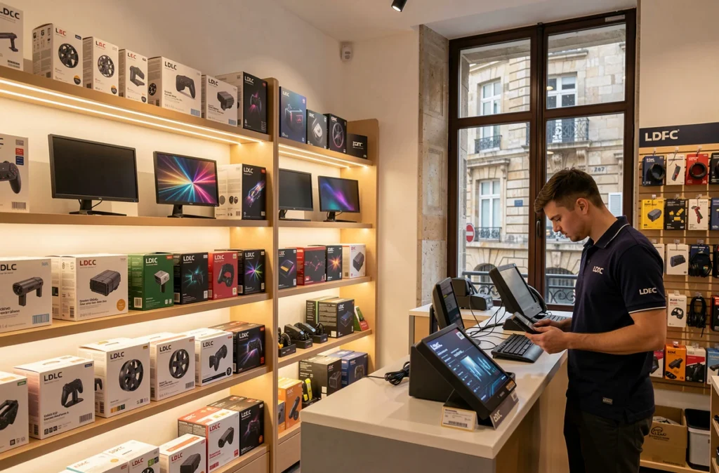 Magasin LDLC de Blois avec employé gérant le stock de composants informatiques dans un espace de vente moderne
