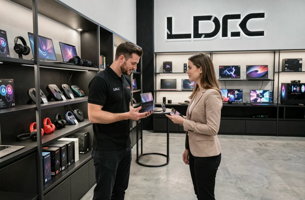 Intérieur du magasin LDLC d'Orléans avec vendeur conseillant une cliente devant des produits informatiques exposés