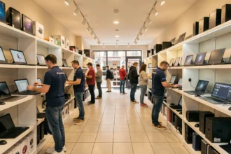 Vue panoramique d'un magasin informatique moderne en Centre-Val de Loire avec clients et produits high-tech exposés