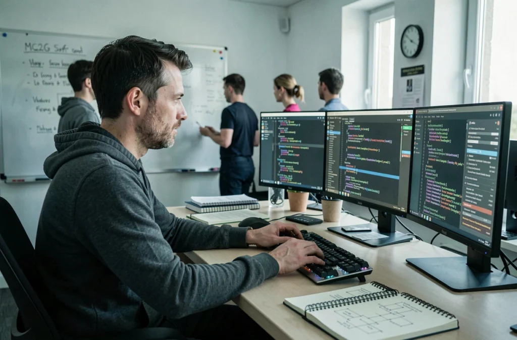 Développeur de MC2G Soft concentré sur plusieurs écrans affichant du code informatique dans un environnement de travail technique