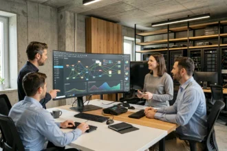 Équipe de prestataires informatiques dans le Loiret collaborant autour d'un écran de tableau de bord numérique