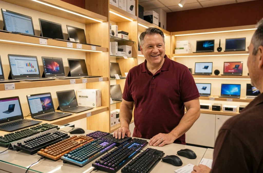 Vendeur de Micro Côtes d'Armor présentant du matériel informatique reconditionné dans sa boutique