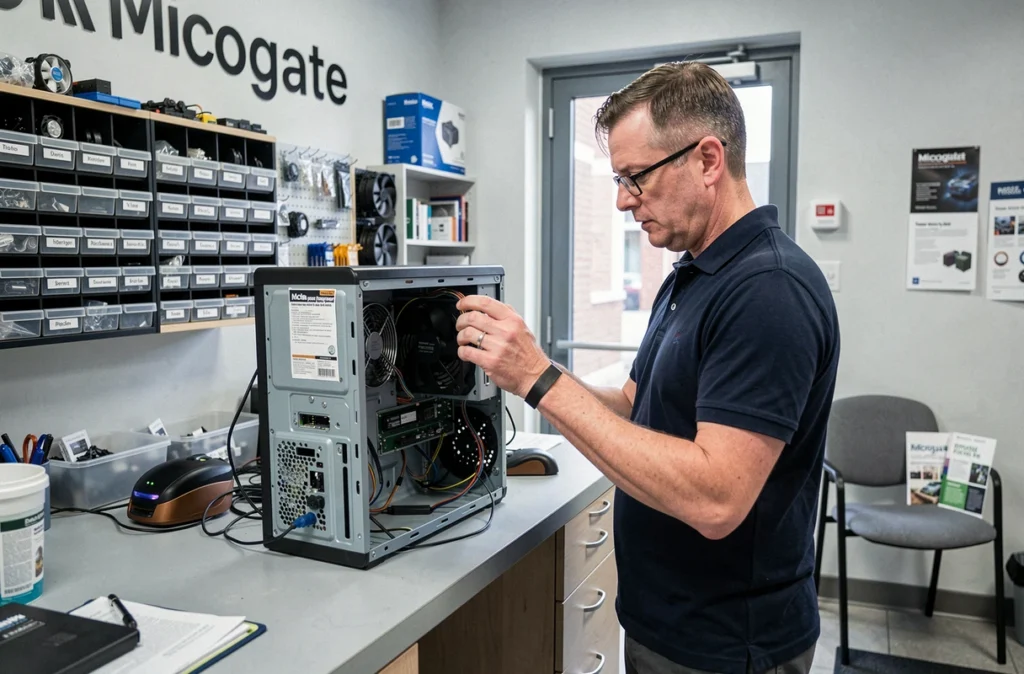 Technicien de Microgate inspectant les composants d'un ordinateur de bureau sur un comptoir de réparation professionnel