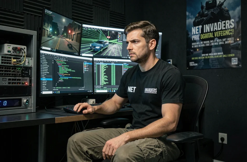 Hacker éthique de Net Invaders conduisant une simulation d'intrusion réseau dans une salle de test de pénétration spécialisée