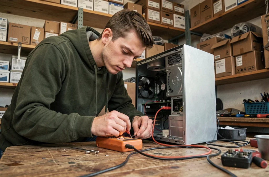 Jeune réparateur d'Off On Repair testant les composants d'un ordinateur de bureau dans son atelier à Andel