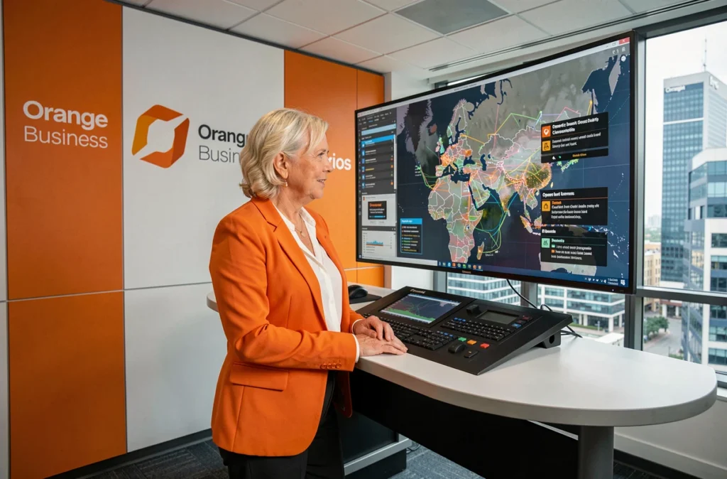 Spécialiste senior en cybersécurité chez Orange Business supervisant un tableau de bord national de surveillance des cybermenaces dans un centre opérationnel