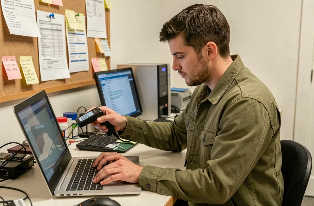 Technicien polyvalent d'Ordi 22 gérant simultanément plusieurs réparations informatiques à son poste de travail