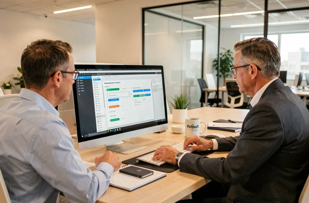 Bureau professionnel de Polysoft Services avec deux consultants informatiques analysant une solution logicielle sur écran