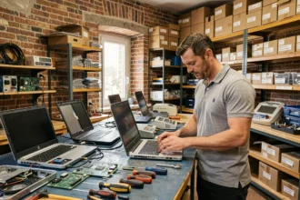 Atelier de réparation informatique dans les Côtes-d'Armor avec un technicien travaillant sur des ordinateurs portables