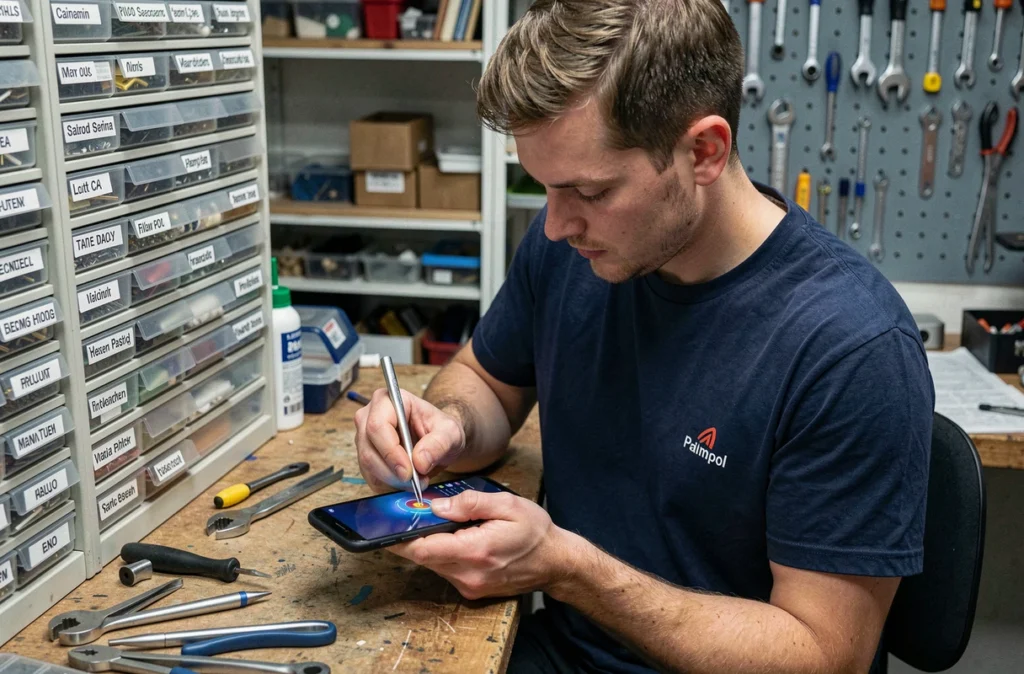 Technicien de Restart Informatique et Téléphonie réparant un écran de téléphone dans son atelier à Paimpol