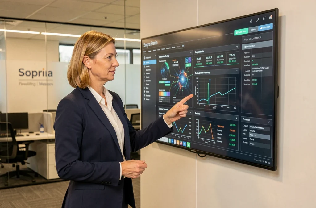 Chef de projet cybersécurité chez Sopra Steria présentant un tableau de bord de surveillance des menaces en temps réel à son équipe