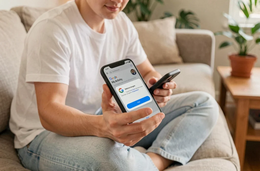 Jeune adulte utilisant Google Mon Activité sur smartphone pour supprimer ses données personnelles depuis son canapé
