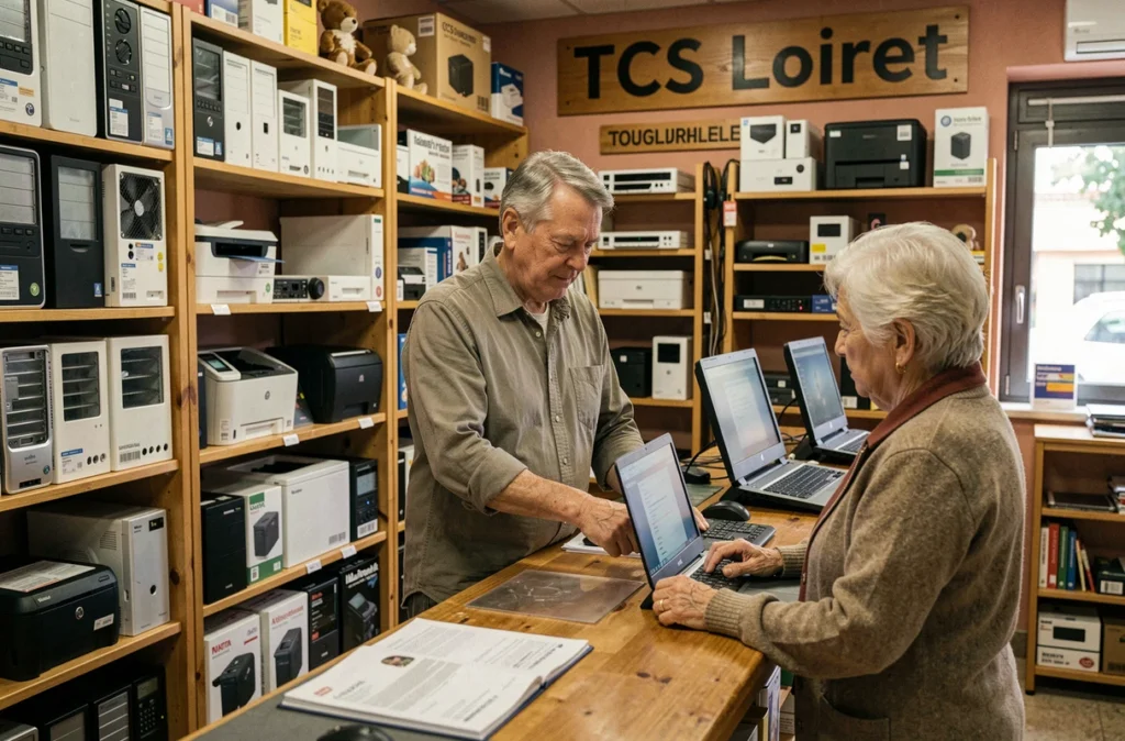 Boutique TCS Loiret avec commerçant local aidant une cliente âgée à choisir un ordinateur portable d'occasion