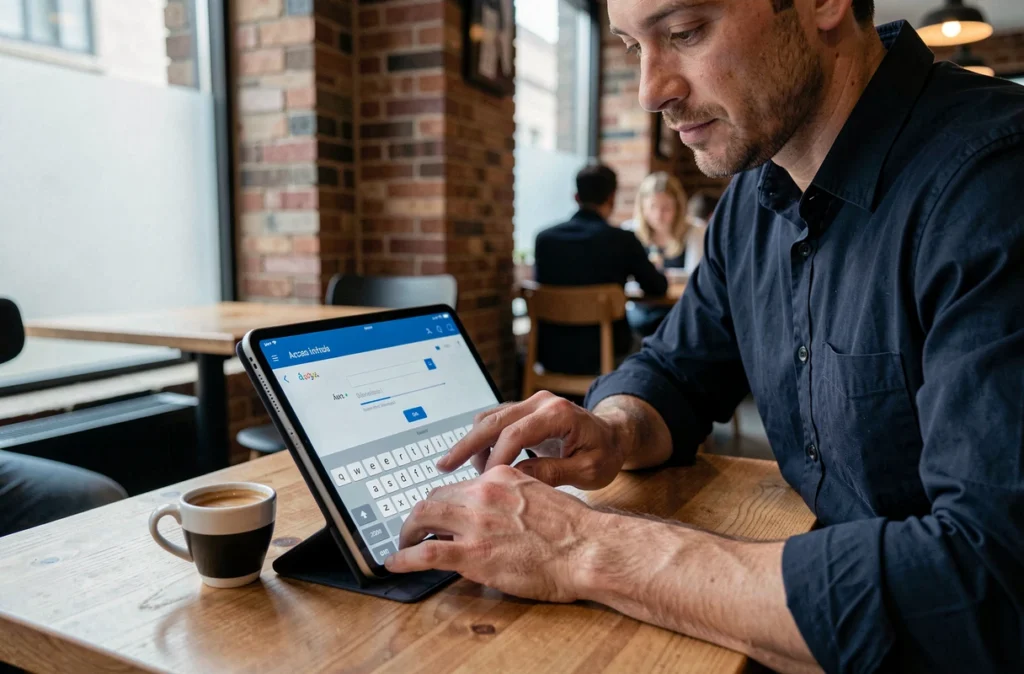 Homme utilisant un outil de clavier accent espagnol en ligne sur une tablette dans un café moderne