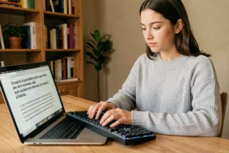 Jeune femme tapant sur un clavier physique avec des accents espagnols visible à son domicile, devant un document en espagnol sur écran